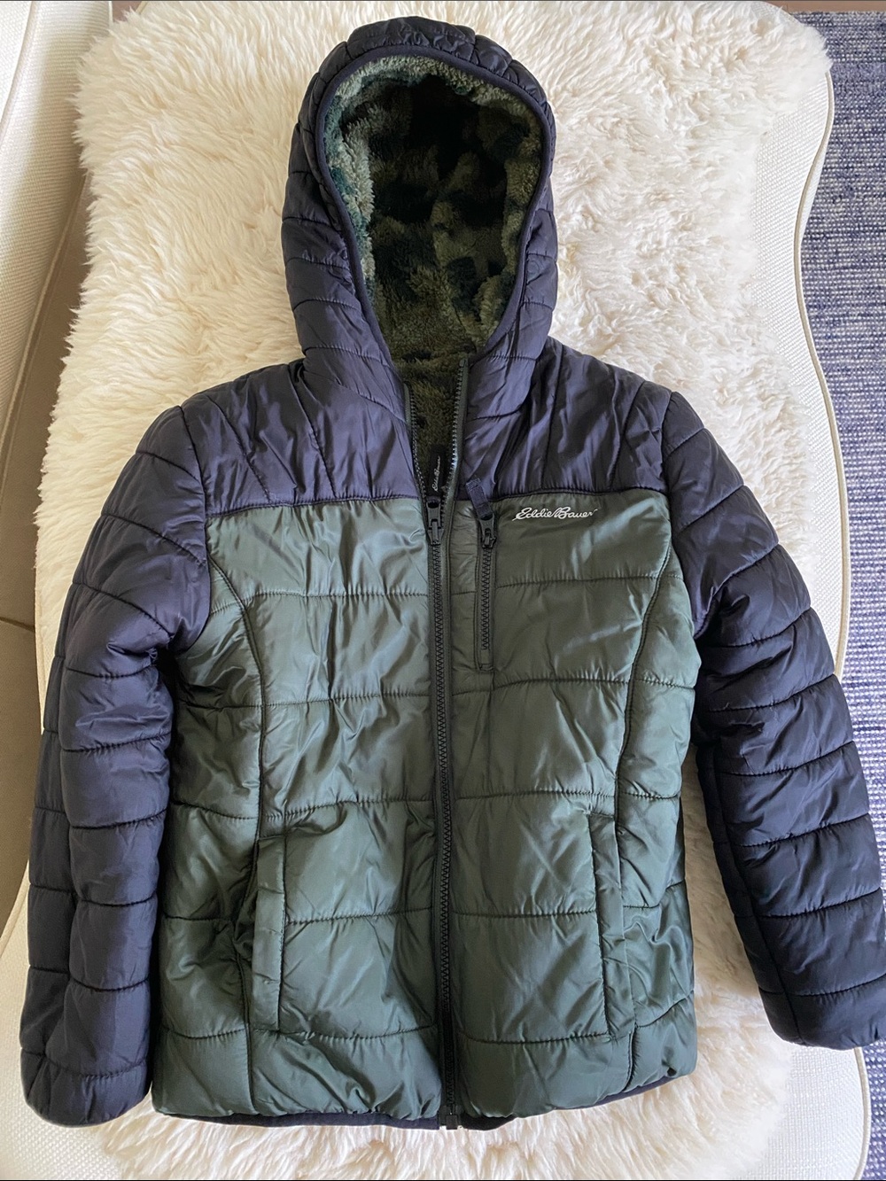 Eddie Bauer Kids reversible Hooded Fleece | Puffer Jacket - Olive Green/Black